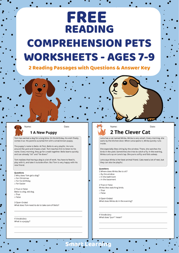 FREE: Reading Comprehension Pets Worksheets - Ages 7-9 | Informational Texts