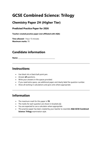 GCSE Chemistry Paper 2 Predicted Exam 2026 (Combined Science, Higher) + Mark Scheme