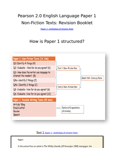 Pearson 2.0 English Language Paper 1 Non Fiction Texts- Revsion Booklet