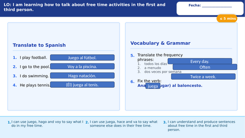 Year 8 Spanish Free Time Lesson 3