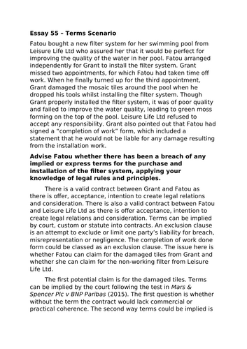 A-Level Law: 2022 Implied Terms Scenario Model + Plan - Eduqas Contract Law