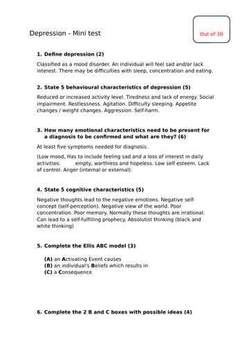 Depression psychology test and answers