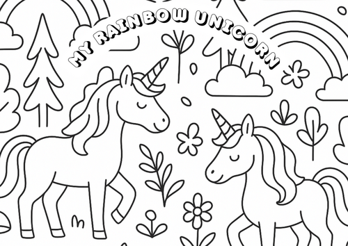 rainbow unicorn PDF colouring sheet - primary