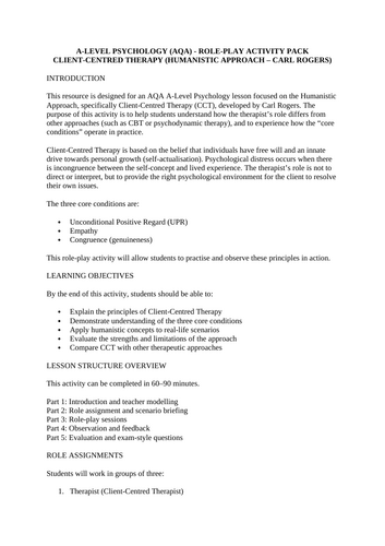 A LEVEL PSYCHOLOGY (AQA) CLIENT-CENTRED THERAPY ROLE-PLAY PACK - HUMANISTIC APPROACH