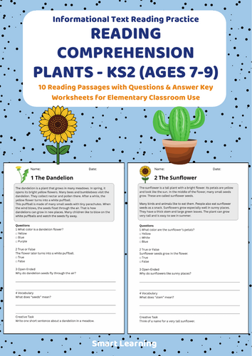 Reading Comprehension Plants Worksheets (Ages 7–9) | 10 Texts & Questions