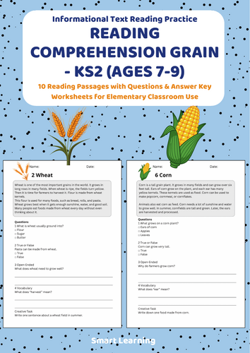 Reading Comprehension Grain Worksheets (Ages 7–9) | 10 Texts & Questions