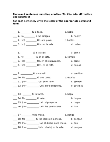 Command sentences matching practice (Tú, Ud., Uds. affirmative and negative)