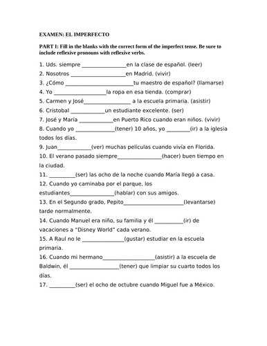 Imperfect tense test (Spanish)