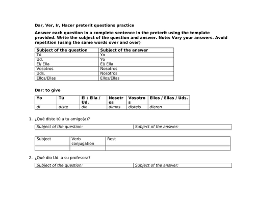 Dar, Ver, Ir, Hacer preterit questions practice