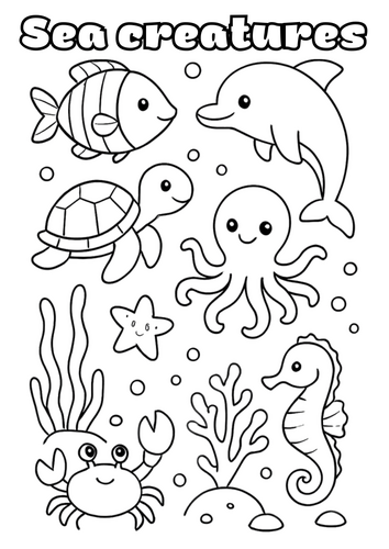 Sea creatures colouring sheet for primary