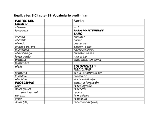 Realidades 3 Chapter 3B preliminary vocabulary and practice