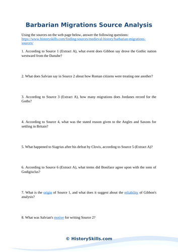 Germanic Barbarian Migrations and Invasions Source Analysis Worksheet