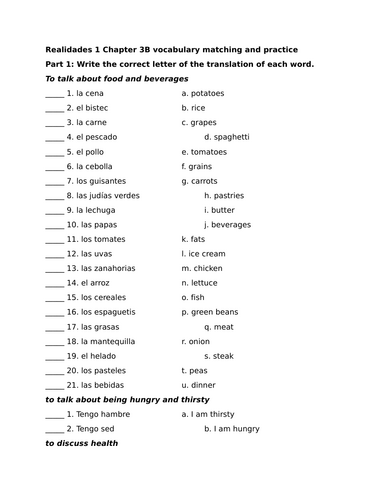 Realidades 1 Chapter 3B vocabulary matching and practice