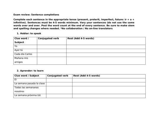 Exam review sentence completions various tenses