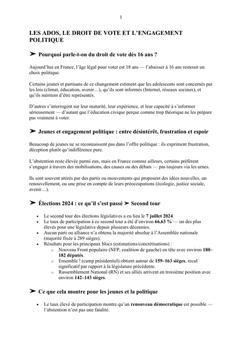 LES ADOS, LE DROIT DE VOTE ET L’ENGAGEMENT POLITIQUE