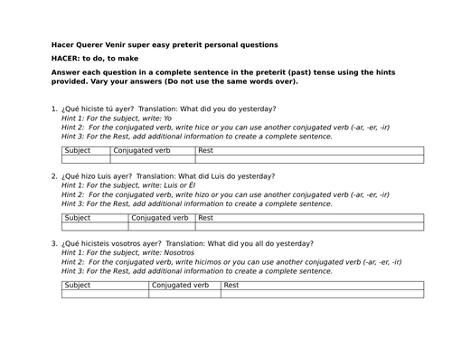 Hacer Querer Venir super easy preterit personal questions