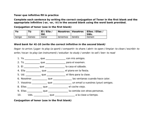 Tener que infinitive fill in practice
