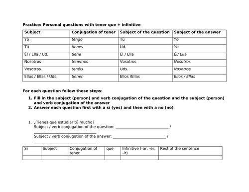 Tener que infinitive practice personal questions