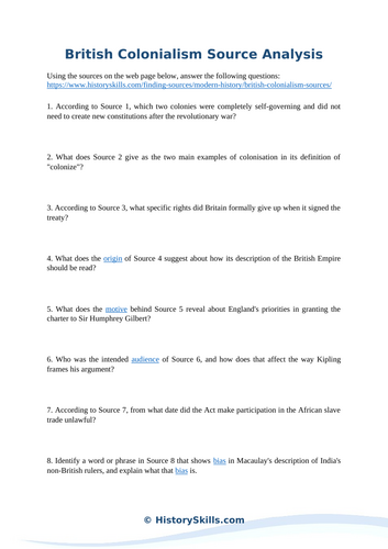 British Colonialism Source Analysis Worksheet