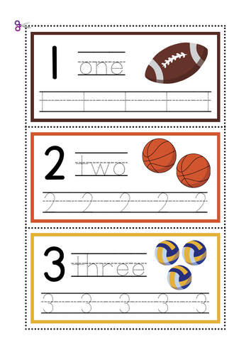 Sports-Themed Number Cards: Count, Trace, and Write (1-10)