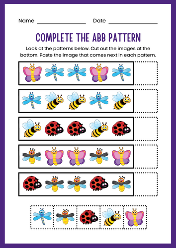 Complete AB and ABB Pattern - Cut and Stick Insects and Bugs Theme