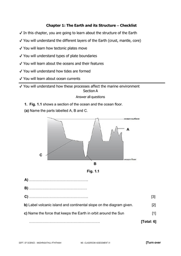 IGCSE Marine Science 0697 – Earth Structure & Oceans Revision Worksheet (Chapter 1)