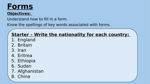 ESOL Entry 1 and Entry 2 forms lesson