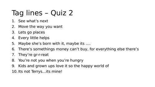 2 x end of term Business quiz 2026 Tag lines/ Slogans PowerPoint
