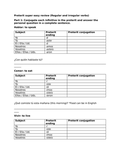 Preterit super easy review (Regular and irregular verbs)