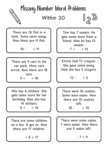 Missing Number word problems within 20