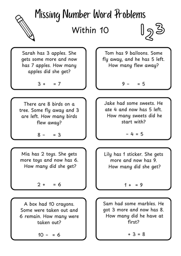 Missing Number Word Problems - Within 10