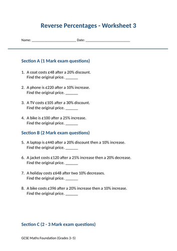 FREE GCSE Maths Worksheet – Exam Practice Reverse Percentages