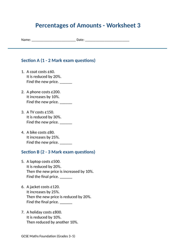 FREE GCSE Maths Worksheet – Exam Practice Percentage Increase and Decrease
