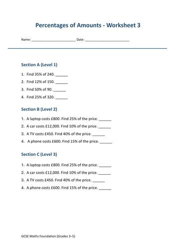 FREE GCSE Maths Worksheet – Exam Practice Percentage of Amounts
