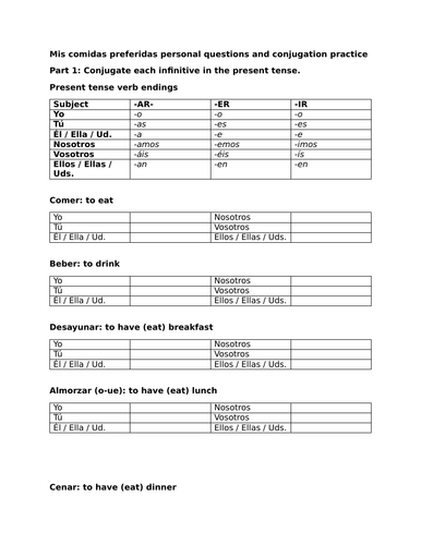 Mis comidas preferidas personal questions and conjugation practice
