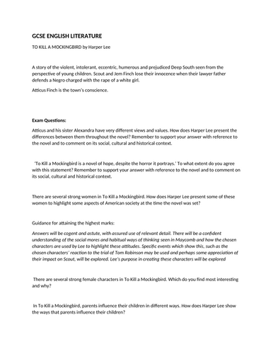 "To Kill a Mockingbird" GCSE revision sheet ENGLISH LITERATURE