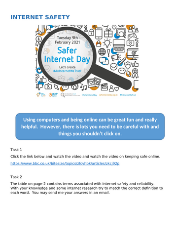 Internet Safety Exercise - Internet Research & Match Up Summary Task