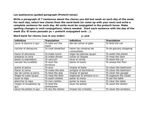 Los quehaceres guided paragraph (Preterit tense)