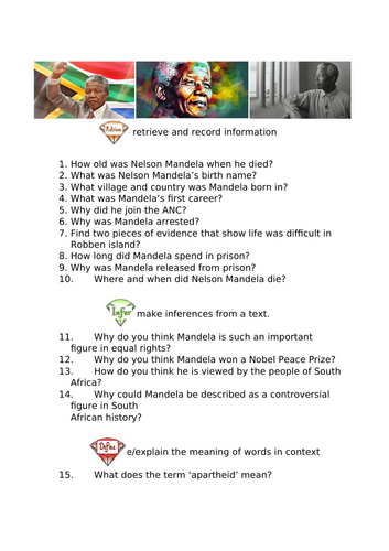Differentiated Nelson Mandela Reading Comprehension Year 5/6 Black History Month
