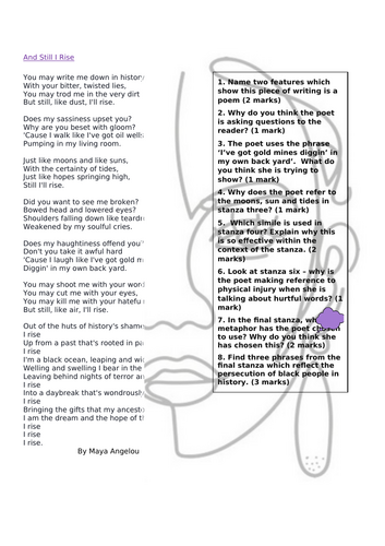 Reading comprehension - poetry: And Still I Rise by Maya Angelou 2d & 2f Black History Month