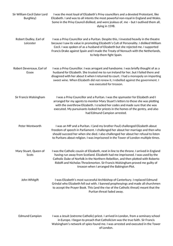 Elizabeth I AQA revision characters