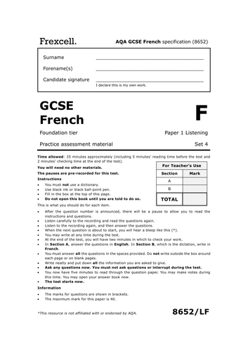 AQA GCSE French (2026) – Foundation Listening Practice Paper (Set 4)