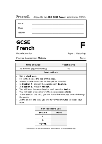 AQA GCSE French (2026) – Foundation Listening Practice Paper (Set 4)