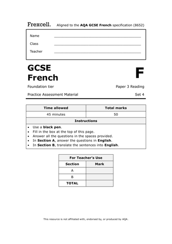 AQA GCSE French (2026) – Foundation Reading Practice Paper (Set 4)
