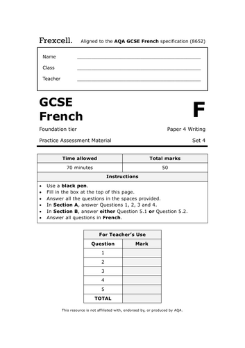 AQA GCSE French (2026) – Foundation Writing Practice Paper (Set 4)