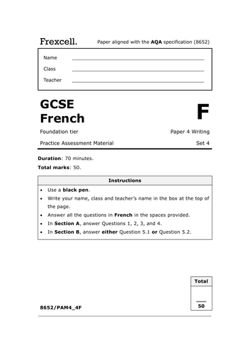 AQA GCSE French (2026) – Foundation Writing Practice Paper (Set 4)