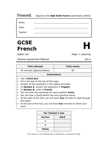 AQA GCSE French (2026) – Higher Listening Practice Paper (Set 4)