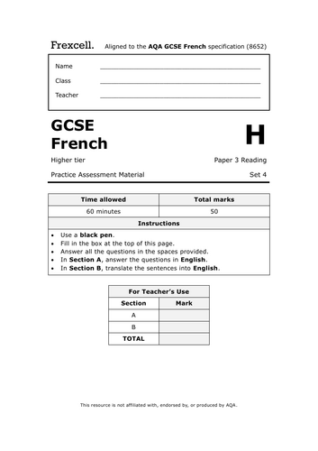 AQA GCSE French (2026) – Higher Reading Practice Paper (Set 4)