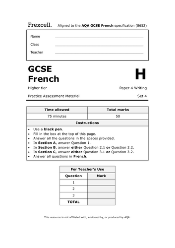 AQA GCSE French (2026) – Higher Writing Practice Paper (Set 4)