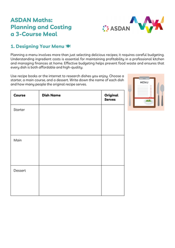 ASDAN Maths - Planning a 3 Course Meal